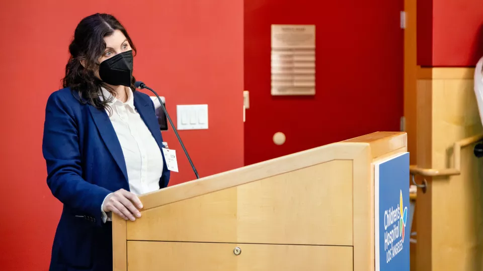 Krista Coombs addresses the crowd at TSRI Science Day 2024