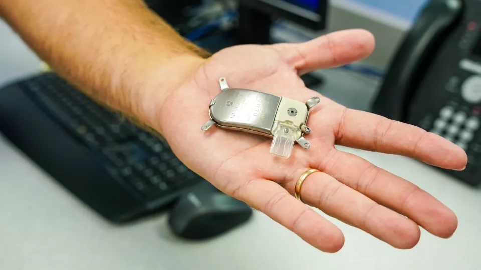 Close up shot of the Thalamic RNS device in someone's hands.